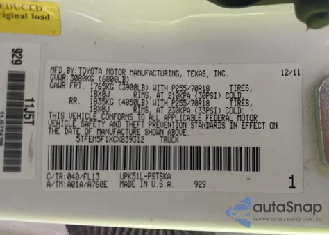 2012 Toyota Tundra Grade 4.6L V8 z USA, uszkodzony, nr VIN 5TFEM5F1XCX039312